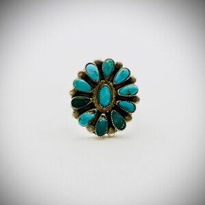 Sterling Turquoise Petit Point Cluster Ring Sz 6.5 signed “RQ”
